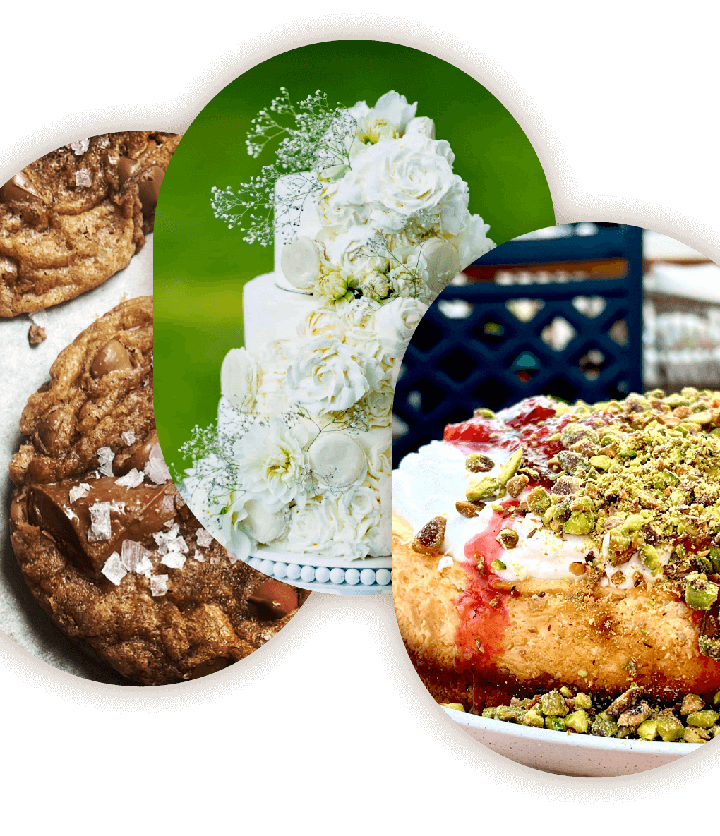 three photos of baked goods: molasses cookies, a wedding cake, and a cheesecake with chopped pistachios on top